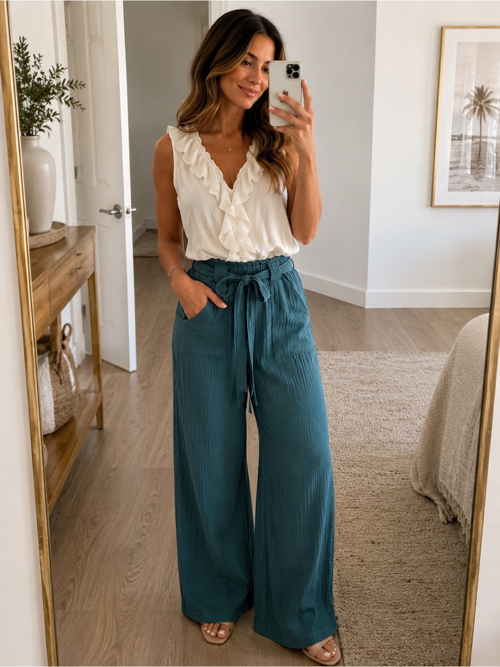 Wide-Leg Paperbag Waist Pants with Self-Tie Belt in Teal & White Ruffle Tank